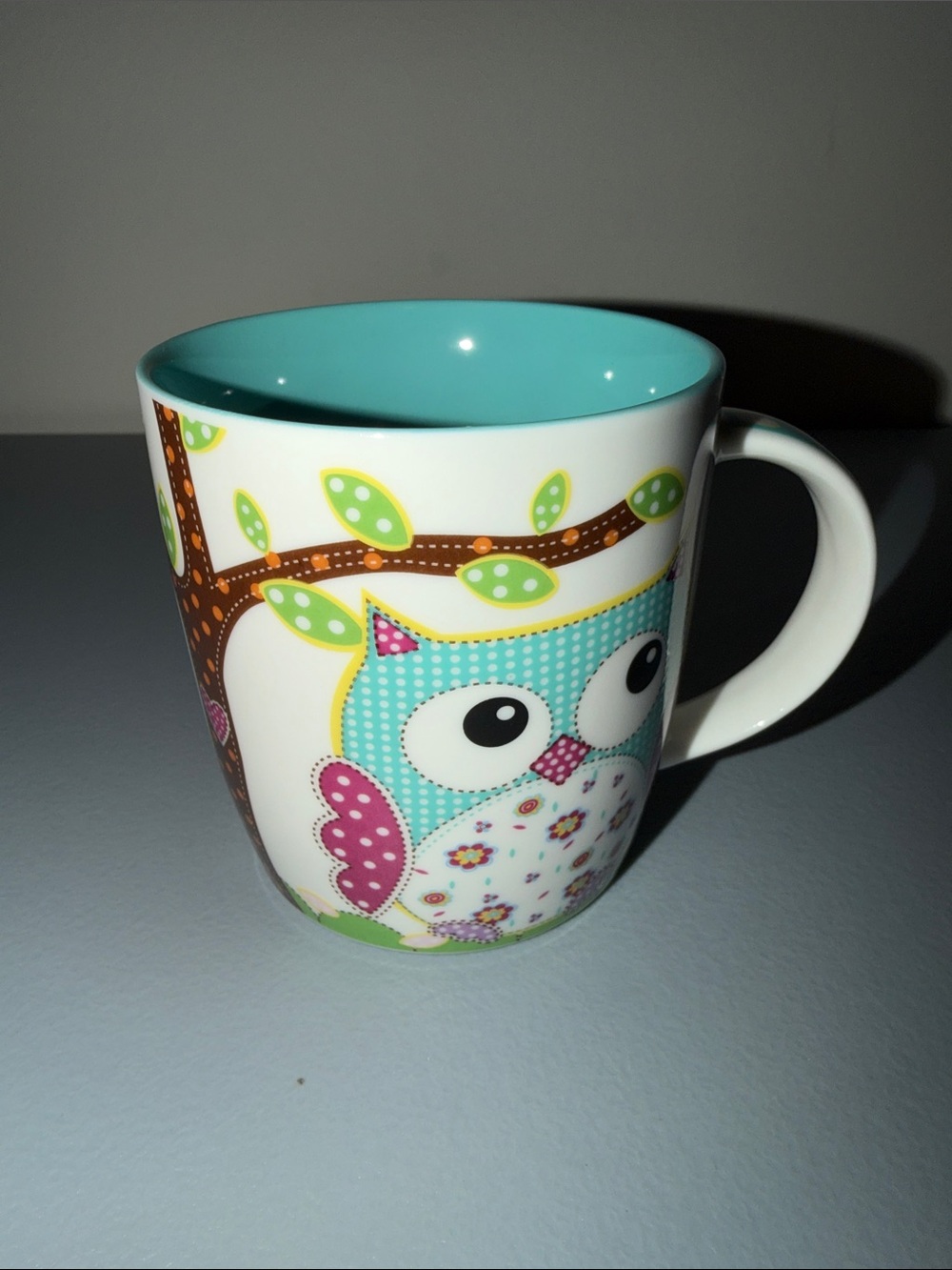 “Whimsical Calico Owl” Mug in Turquoise, Pink, Brown and Green